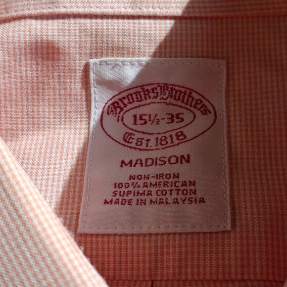 Brooks Brothers Madison Non-Iron SupimaCotton Dress Shirt 15 1/2-35 Pink/Gingham - Picture 3 of 7